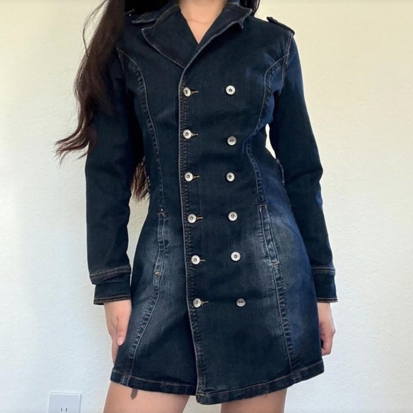 Jou Jou Jackets & Blazers - VtgjouJou Premium Denim Blue Jean Double Breasted Trench Coat Womens .Wide Lapel
